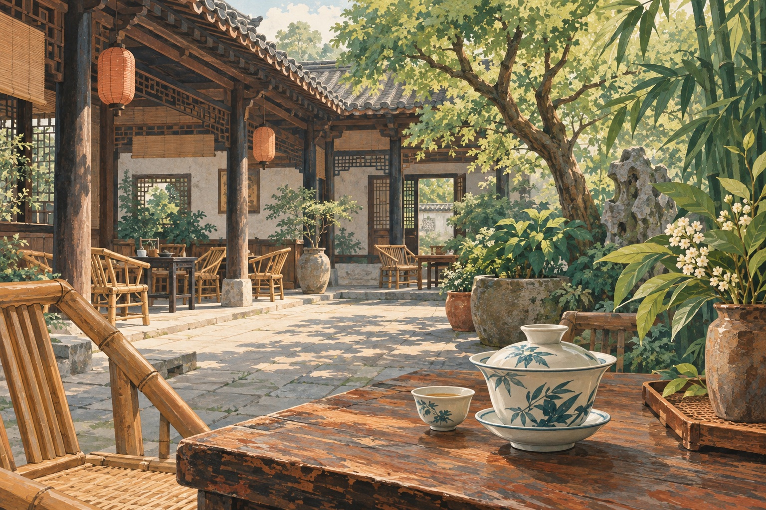 Illustration of a teahouse courtyard